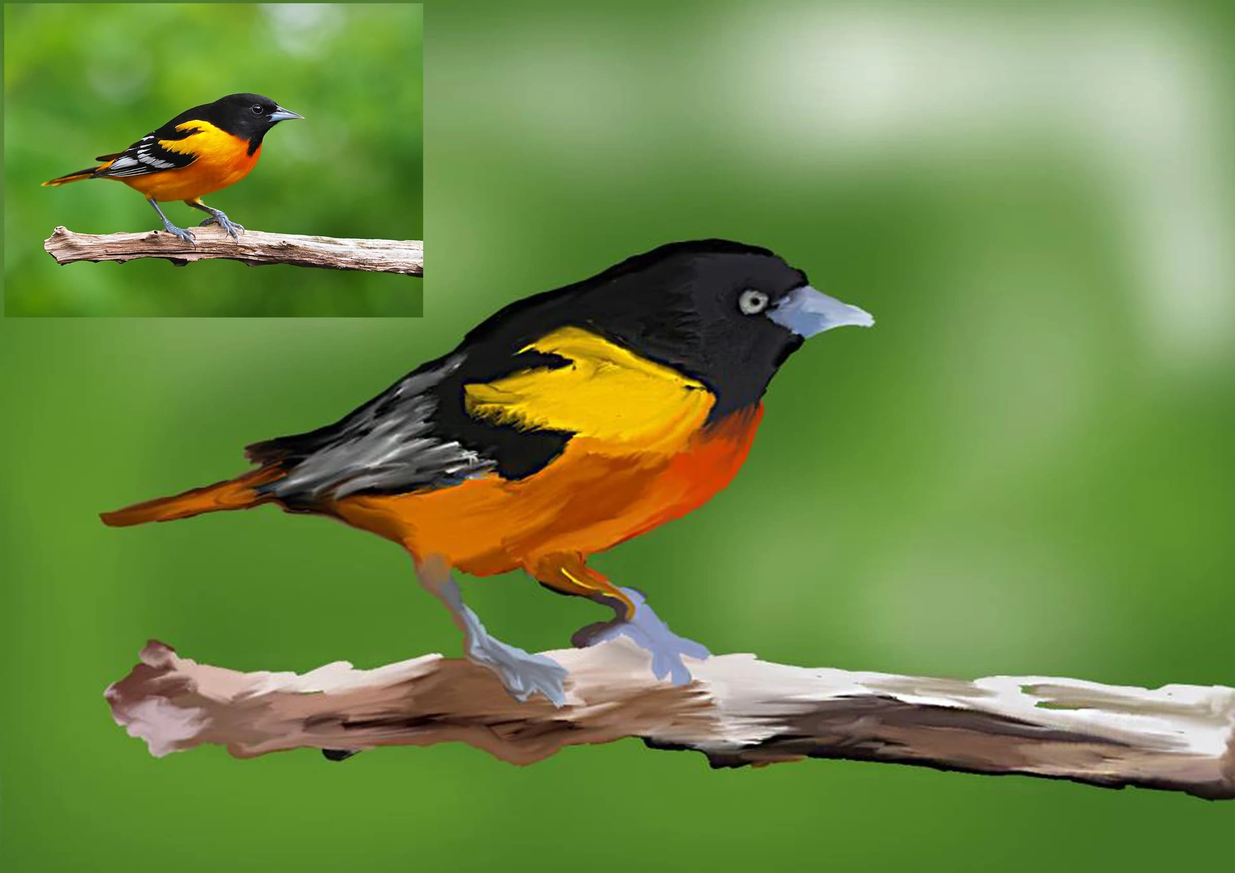 Painting of an orange, yellow and black bird perched on a bare branch against a blurred green background, with the reference photograph inset at the top left.
