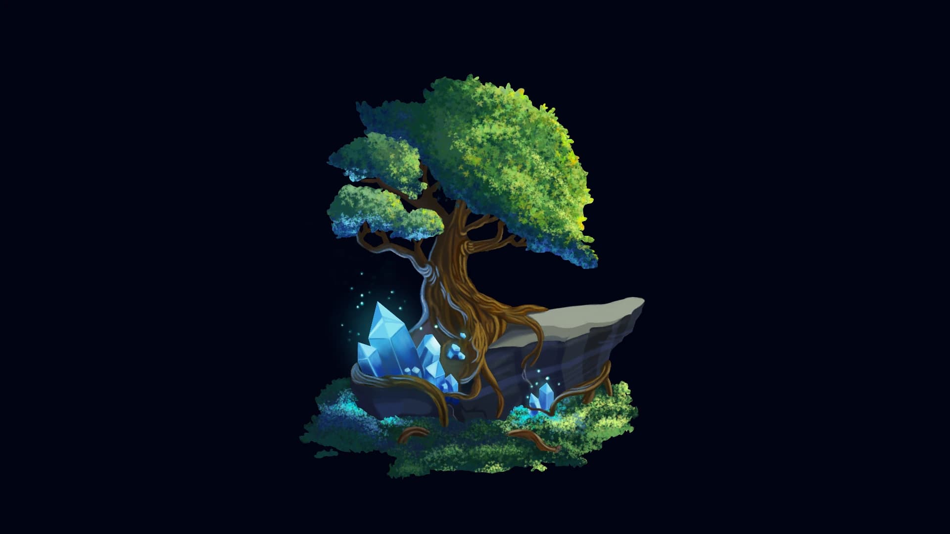 Illustration of a leafy green tree on a rocky ledge with glowing blue crystals at its base, on a dark navy background.