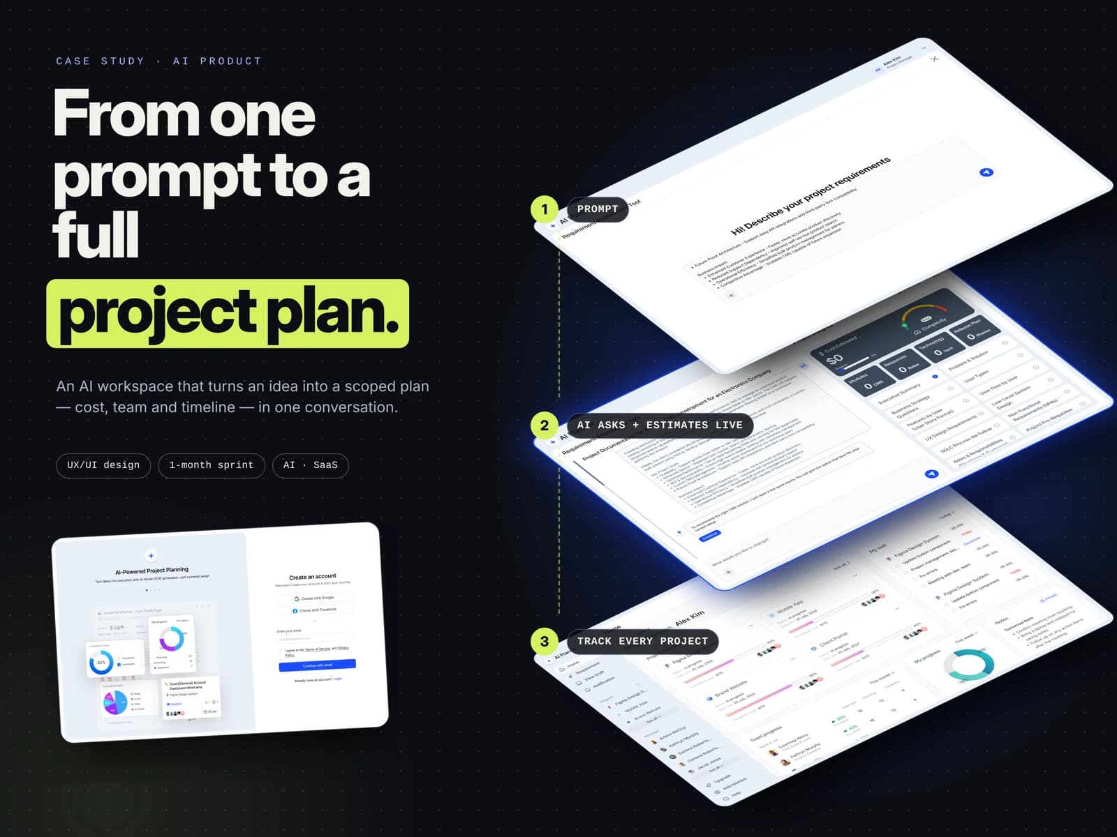 AI Planning Workspace cover: the headline “From one prompt to a full project plan.” beside three stacked screens labelled “1 Prompt”, “2 AI asks + estimates live” and “3 Track every project”, plus a sign-up screen.