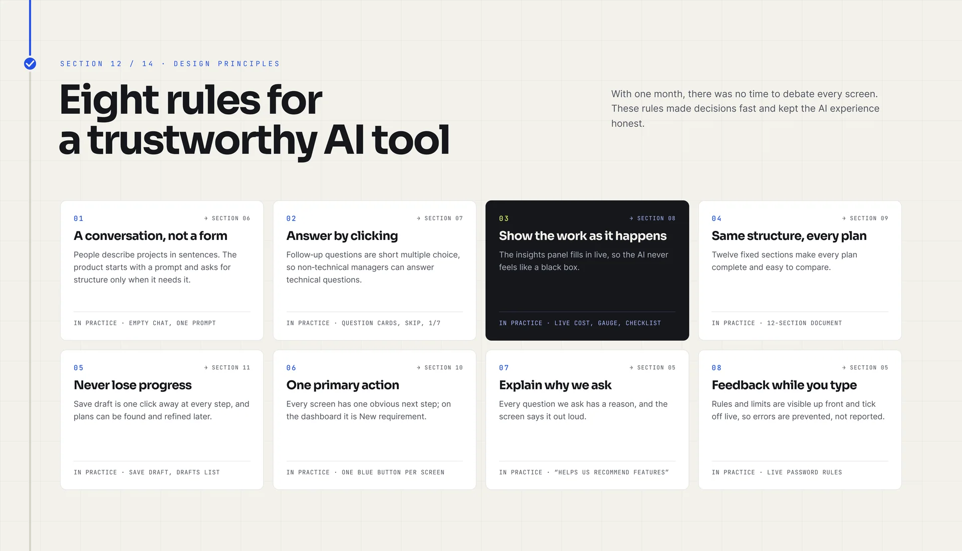 “Eight rules for a trustworthy AI tool”, including a conversation not a form, answer by clicking, show the work as it happens (highlighted) and never lose progress, each with an “in practice” line.